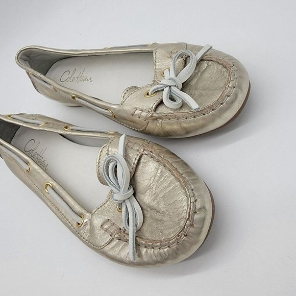 Cole Haan Air Tali Flat Women Size 8.5 B Silver Leather Slip On Loafer Boat Shoe - Picture 2 of 7